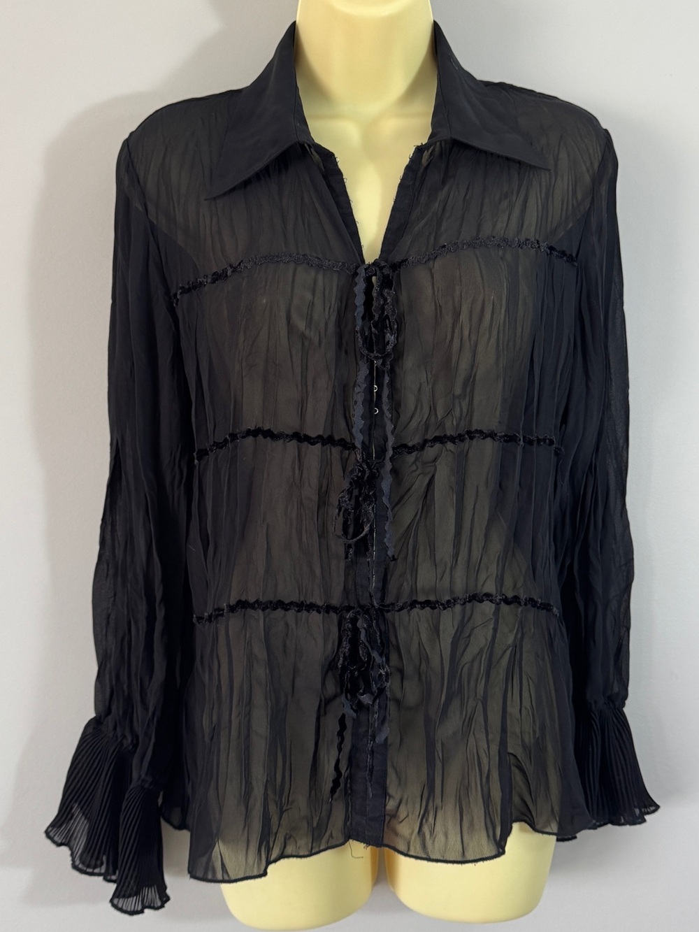 Vintage Y2K Claudia Richards Sheer Ruffle Tiered Velvet Bows Blouse Black Medium